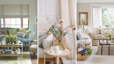 composite of spring decor in living rooms with florals and light colours