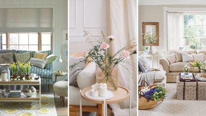 composite of spring decor in living rooms with florals and light colours