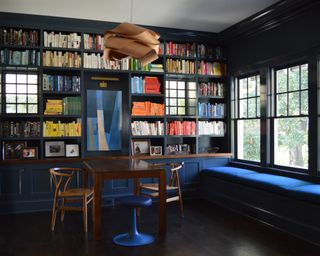 library room painted dark blue with white ceiling