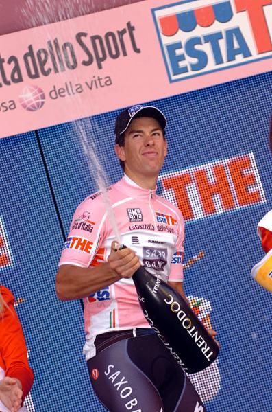 Riche Porte (Saxo Bank) opens the champagne after keeping the maglia rosa for another day