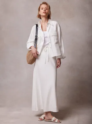 Falda larga de mezcla de lino y terciopelo color menta, color blanco marfil