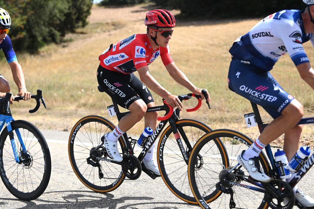OBSERVATORIO ASTROFSICO DE JAVALAMBRE SPAIN AUGUST 31 Remco Evenepoel of Belgium and Team Soudal Quick Step Red Leader Jersey competes during the 78th Tour of Spain 2023 Stage 6 a 1831km stage from La Vall dUix to Observatorio Astrofsico de Javalambre 1947m UCIWT on August 31 2023 in Observatorio Astrofsico de Javalambre Spain Photo by Tim de WaeleGetty Images