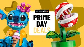 Lego Stitch and Lego Piranha Plant on either side of a 'Prime Day deals' badge, all against a yellow background