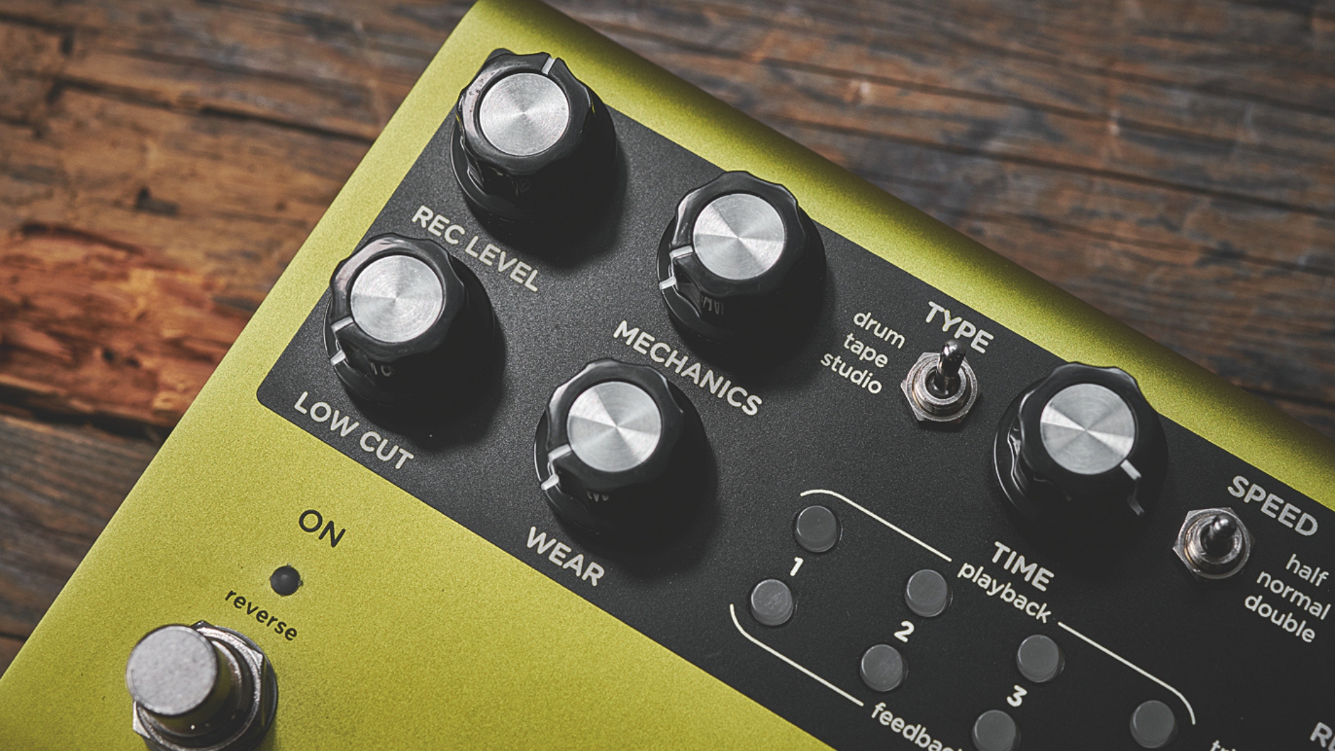 Close up of the controls on a Strymon Volante delay pedal