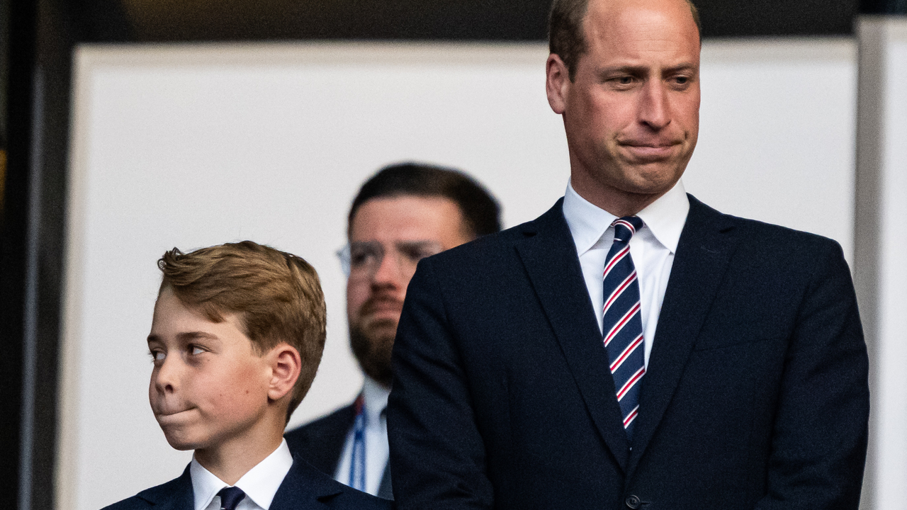 Prince William, Prince of Wales and his son Prince George (L) prior to the UEFA EURO 2024 final match between Spain and England at Olympiastadion on July 14, 2024 in Berlin, Germany.