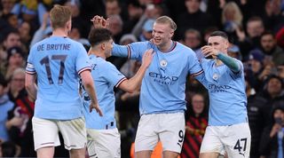 Manchester City's Erling Haaland celebrates one of his three goals in the 6-0 win over Burnley in the FA Cup in March 2023.