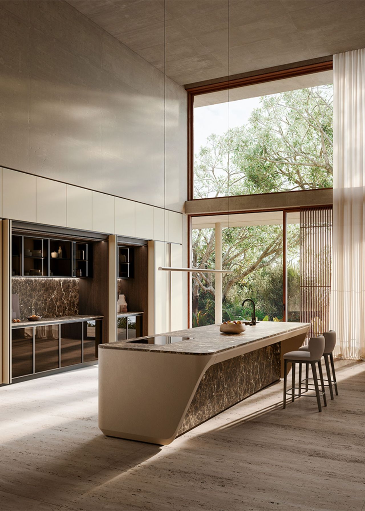 The view of the kitchen island, bar stools and a cooking area.