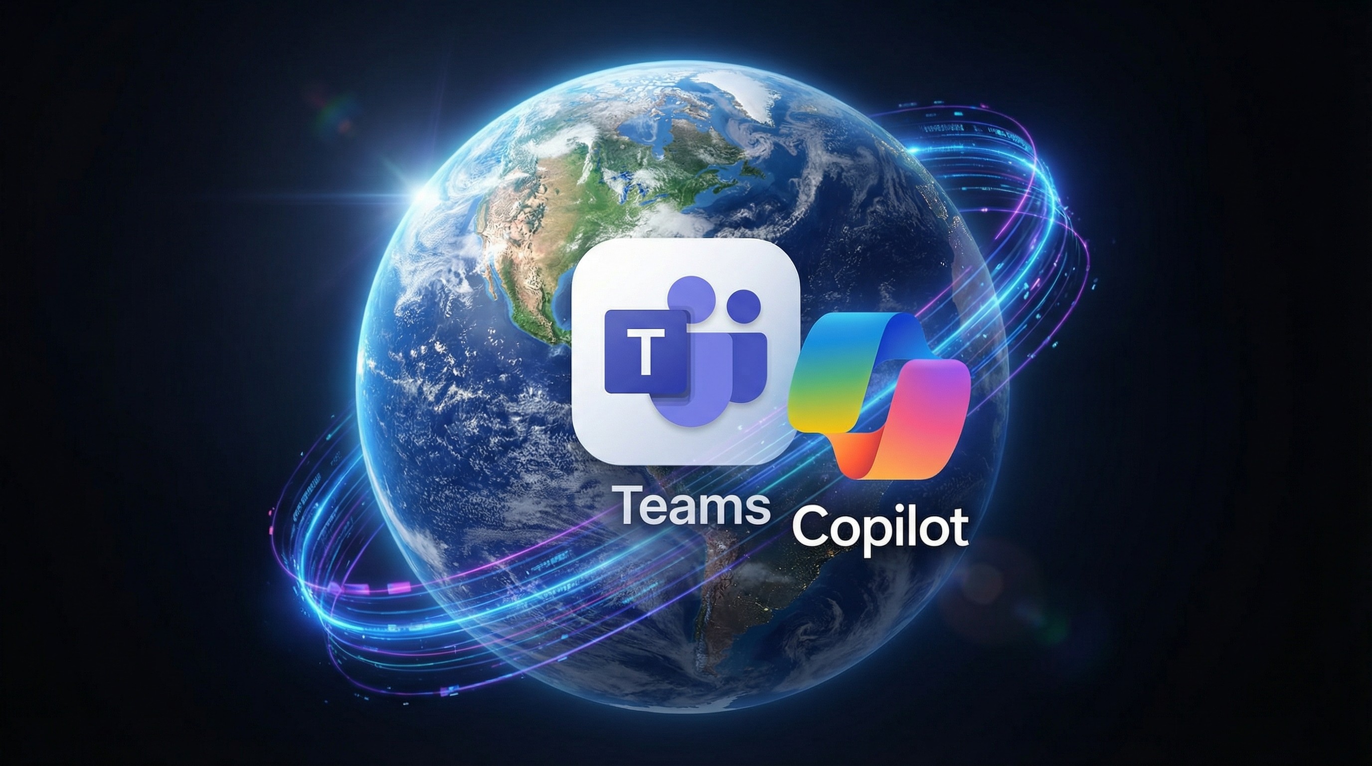 Microsoft Teams and Copilot logos with the planet earth behind them