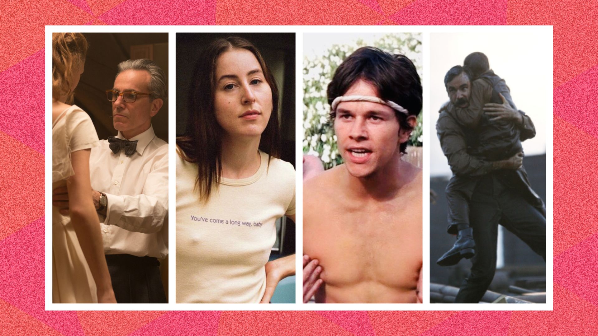 Screenshot of four films sliced together going from left to right: Phantom Thread, Licorice Pizza, Boogie Nights and There Will Be Blood 