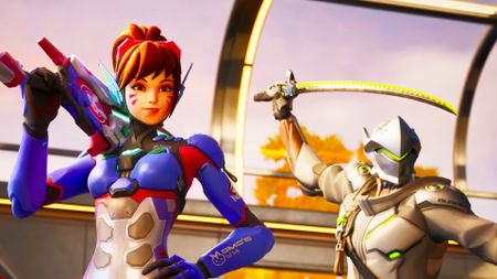A screencap of the Fortnite trailer with Overwatch heroes D.Va and Genji. Both characters are holding swords and are striking heroic poses.