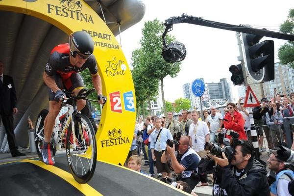 Lance Armstrong (RadioShack) rolls down the start ramp of his last Tour de France