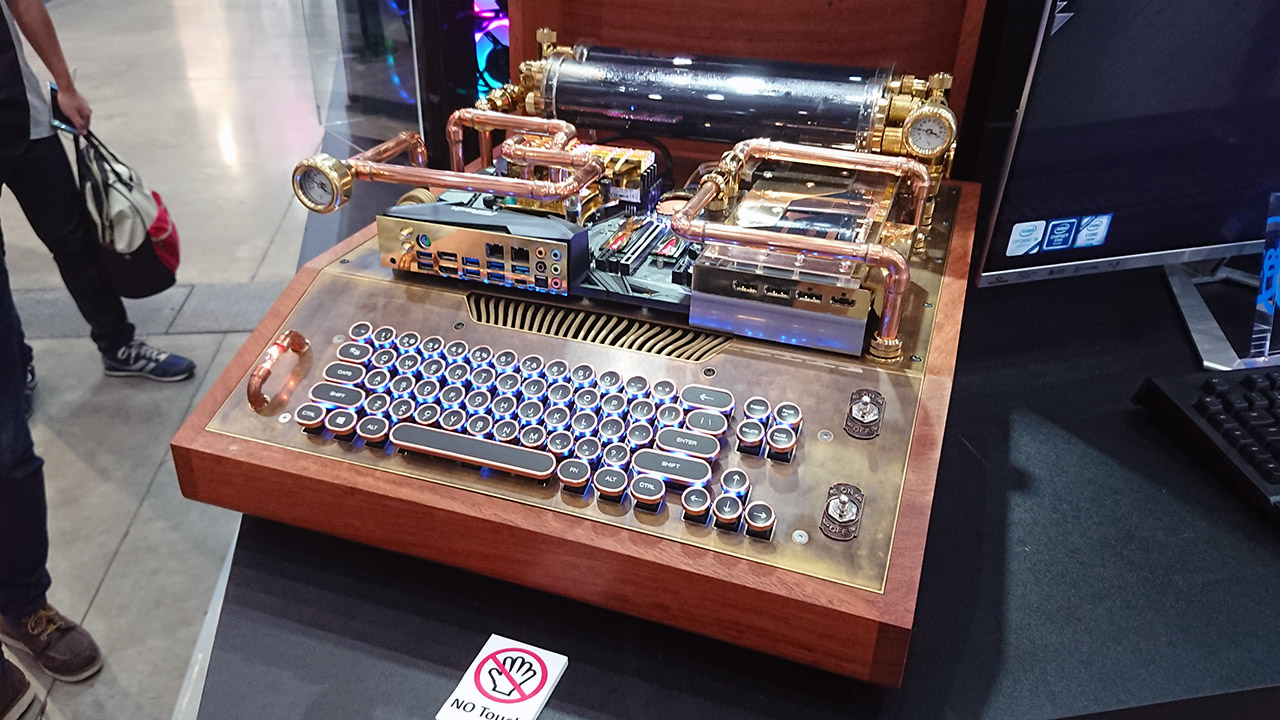 Steampunk typewriter case mod at Asrock's 2019 Computex booth