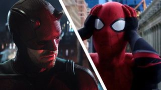 A collage image of Daredevil and Spider-Man looking at each other and separated by a white line