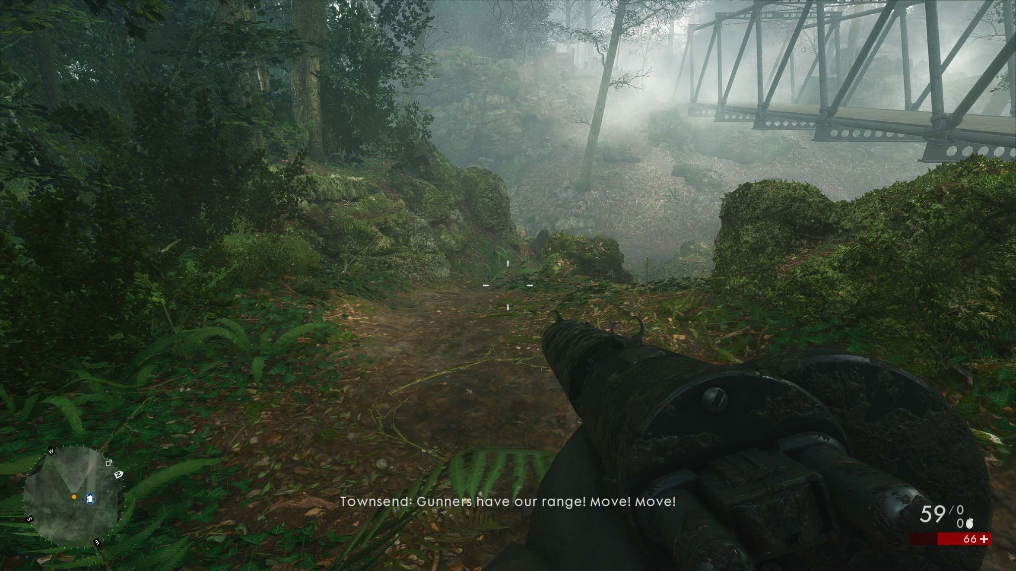 Take the path to the left of the bridge.