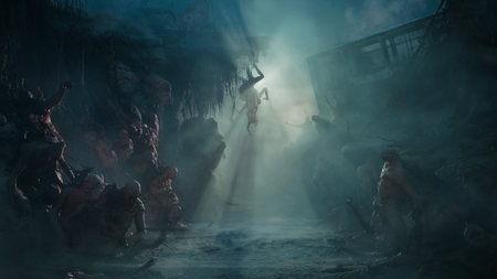 A screenshot shows a monster hanging upside down as sunlight shines from behind them.