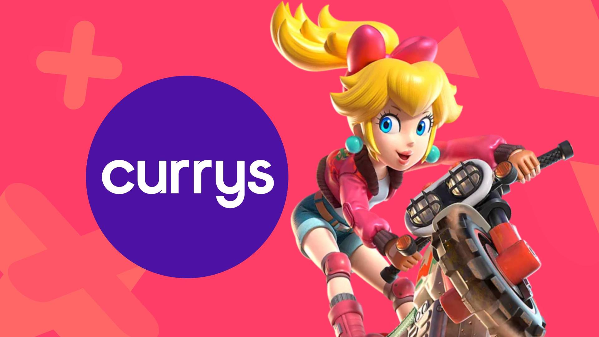 The official Currys logo, with an official Mario Kart World render of Princess Peach looking at it, with a pink GamesRadar background behind.