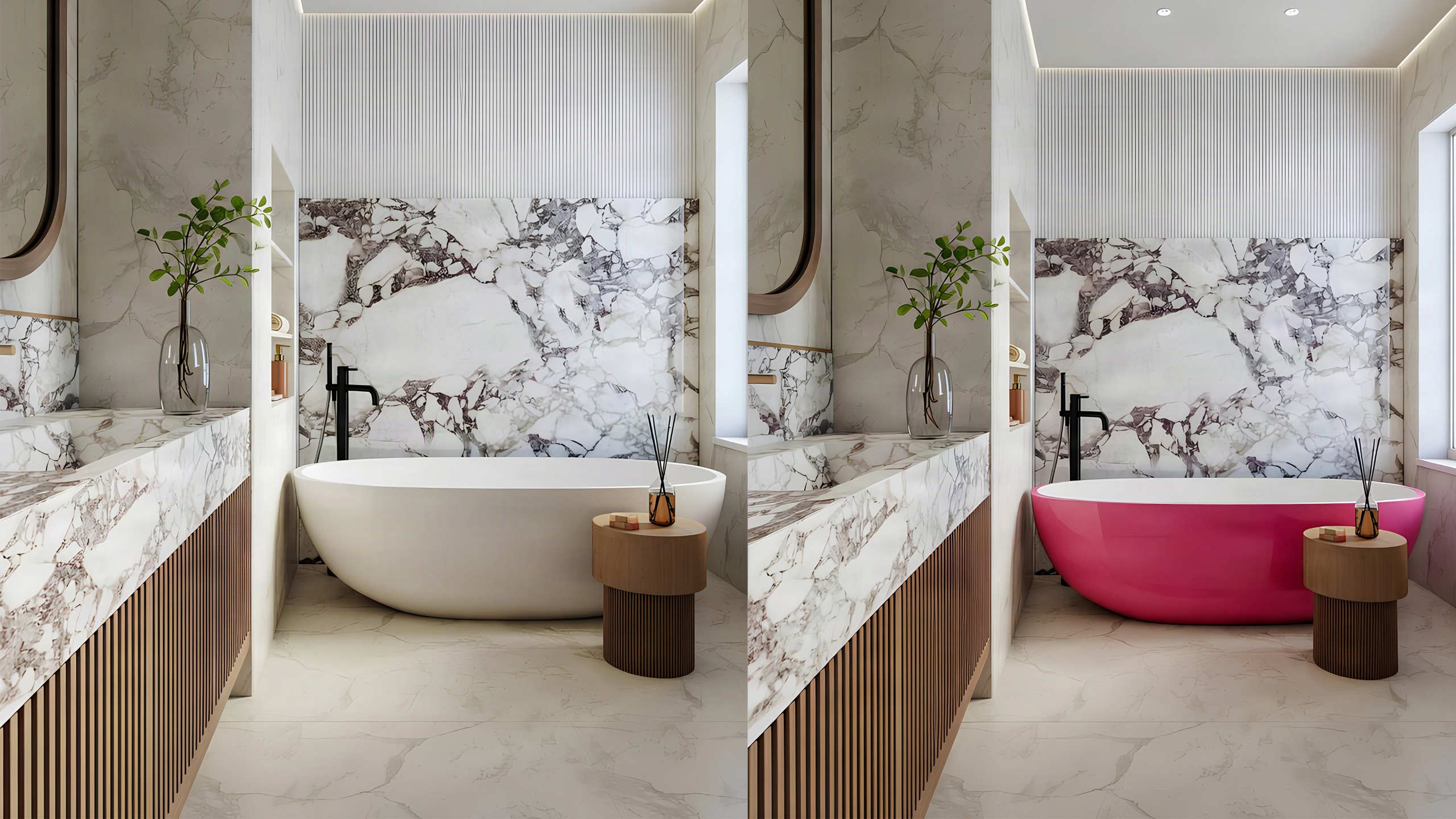 White bath in a stylish bathroom next to identical room except the bath is hot pink
