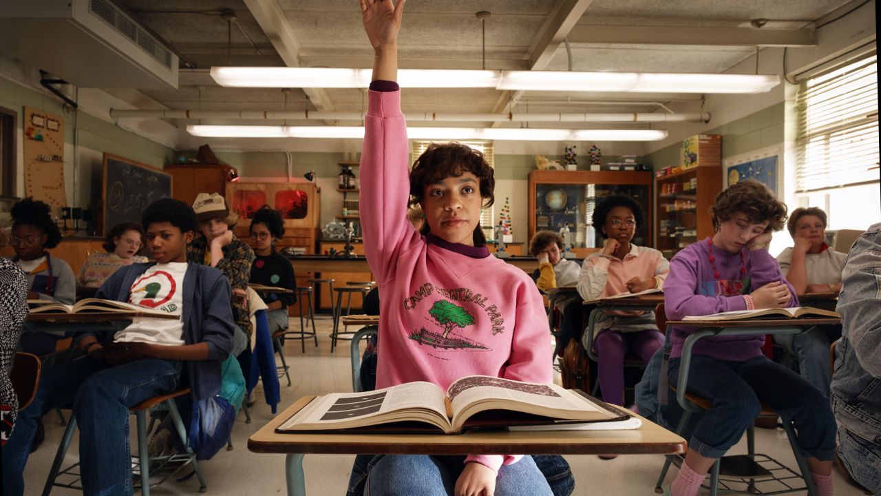 Erica Sinclair (Priah Ferguson) raises her hand in class in "Stranger Things" season 5
