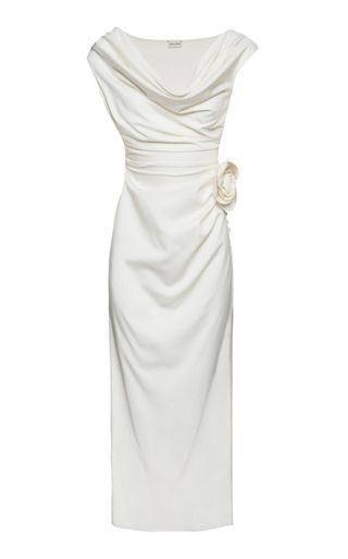 Rosette-Detailed Draped Silk Midi Dress