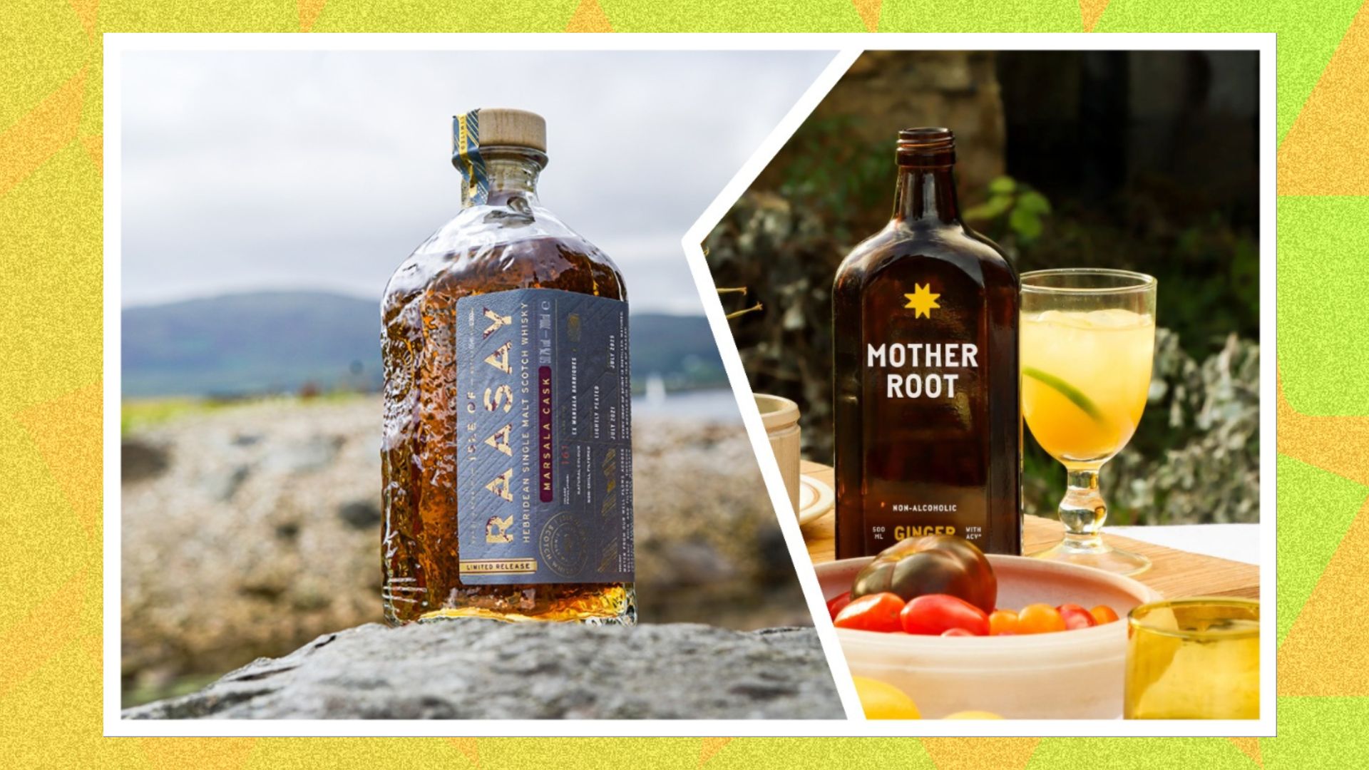 an image of the isle of raasay marsala cask and mother root spliced together against a yellow patterned background