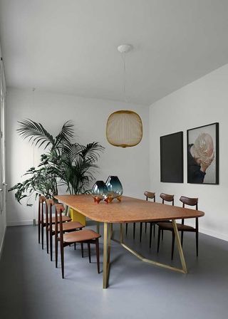 Dining room, 8 seater wooden table with steel frame, wooden chairs to match with plant at head of table, picture frames hang from side wall