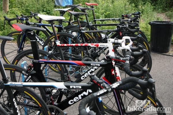 Garmin-Sharp's Cerv&eacute;lo S5, R5, and R5ca machines lined up before the start of the 2012 Tour de France.
