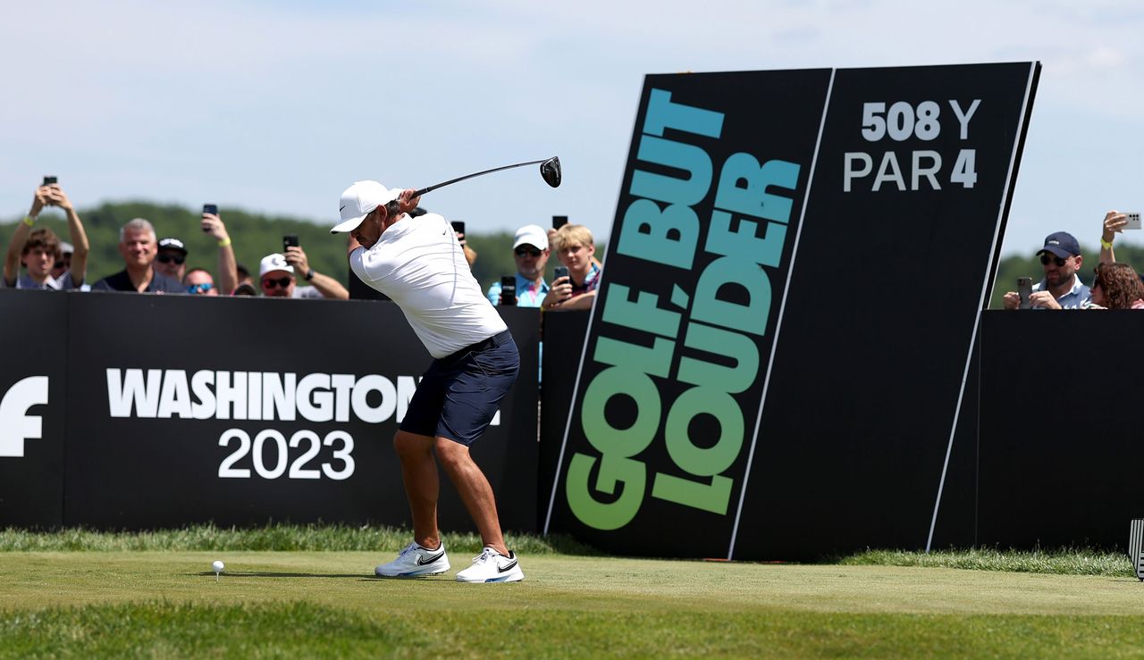 Brooks Koepka hits his tee shot off the fifth hole