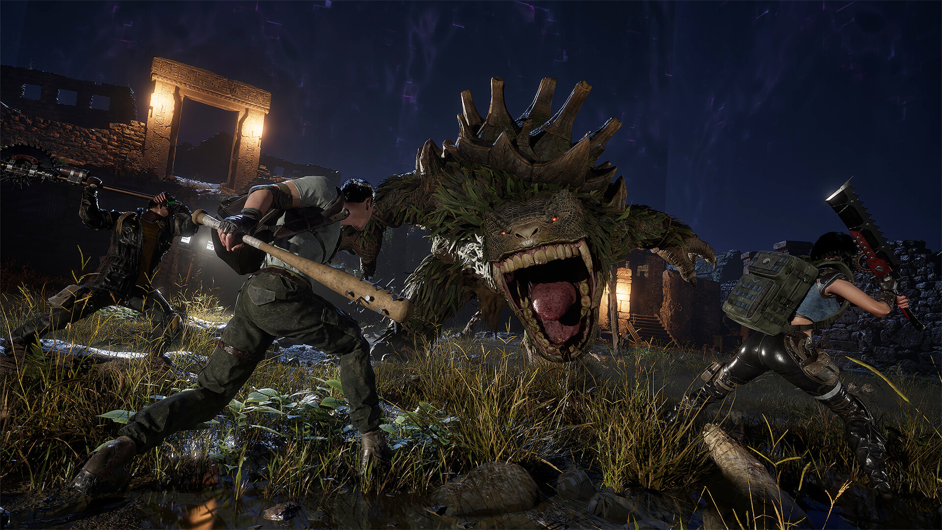 The Cube, Save Us: A group of scavengers fighting a large lizard-like creatures using makeshift weapons.