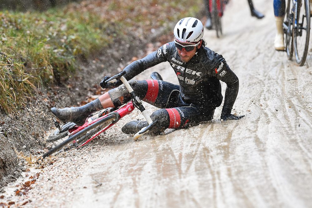 Fabio Felline (Trek-Segafredo) slides out at Strade Bianche