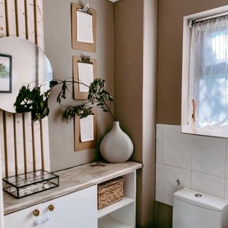 bathroom with shelves and pot