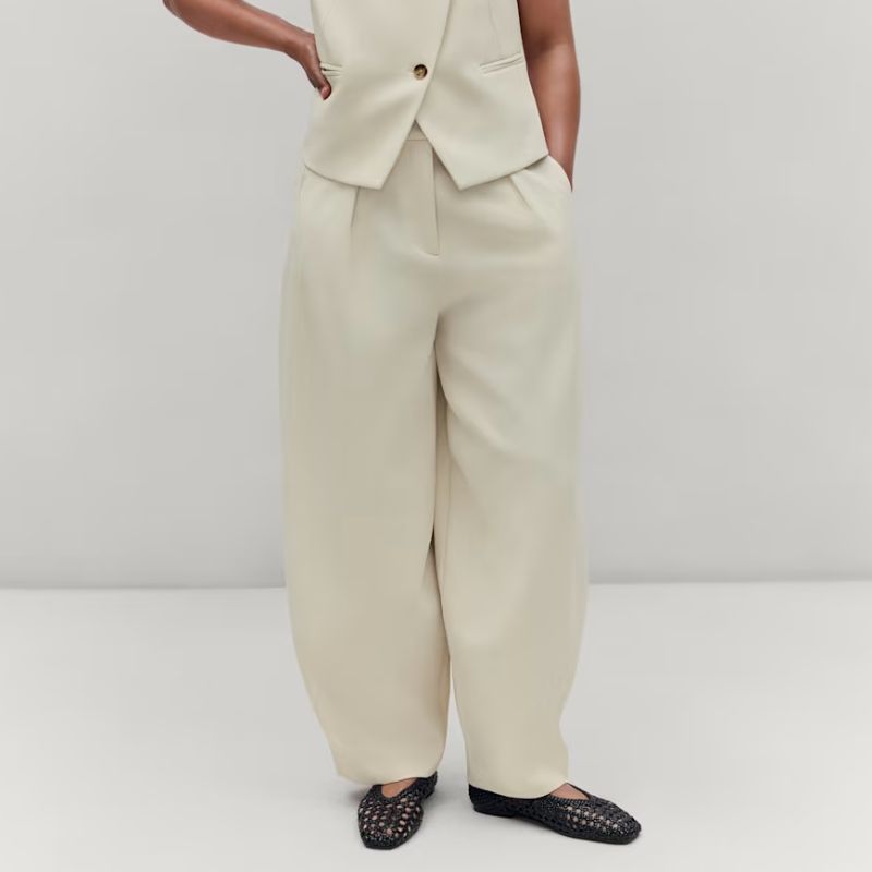 Tailored Pleat Front Barrel Leg Trousers on model 