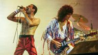 Freddie Mercury and Brian May performing live onstage in Australia in 1985