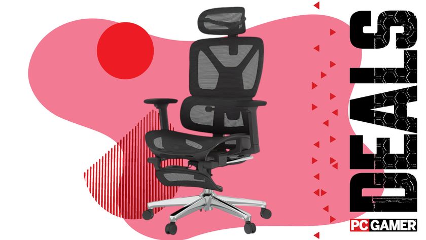 An image of a Flexispot ErgoX office chair against a colorful background, with the phrase &#039;Deals&#039; and a PC Gamer logo on the right side