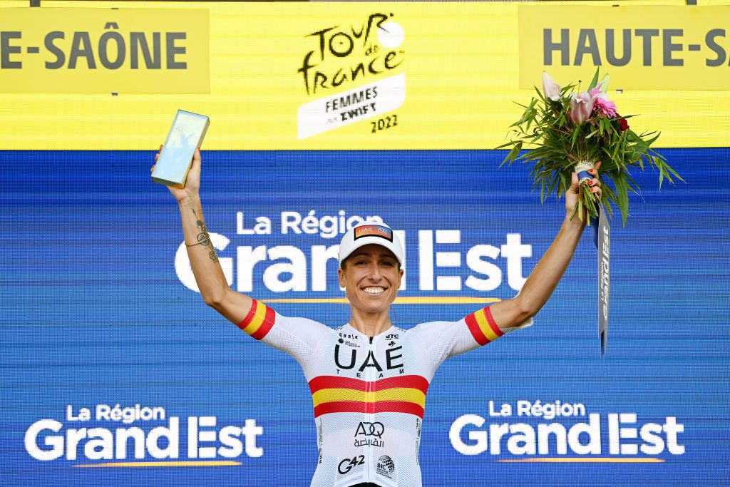 PLANCHE DES BELLES FILLES FRANCE JULY 31 Margarita Victoria Garcia Caellas of Spain and UAE Team ADQ celebrates at podium as Most Combative Rider Prize winner during the 1st Tour de France Femmes 2022 Stage 8 a 1233km stage from Lure to La Super Planche des Belles Filles TDFF UCIWWT on July 31 2022 in Planche des Belles Filles France Photo by Dario BelingheriGetty Images