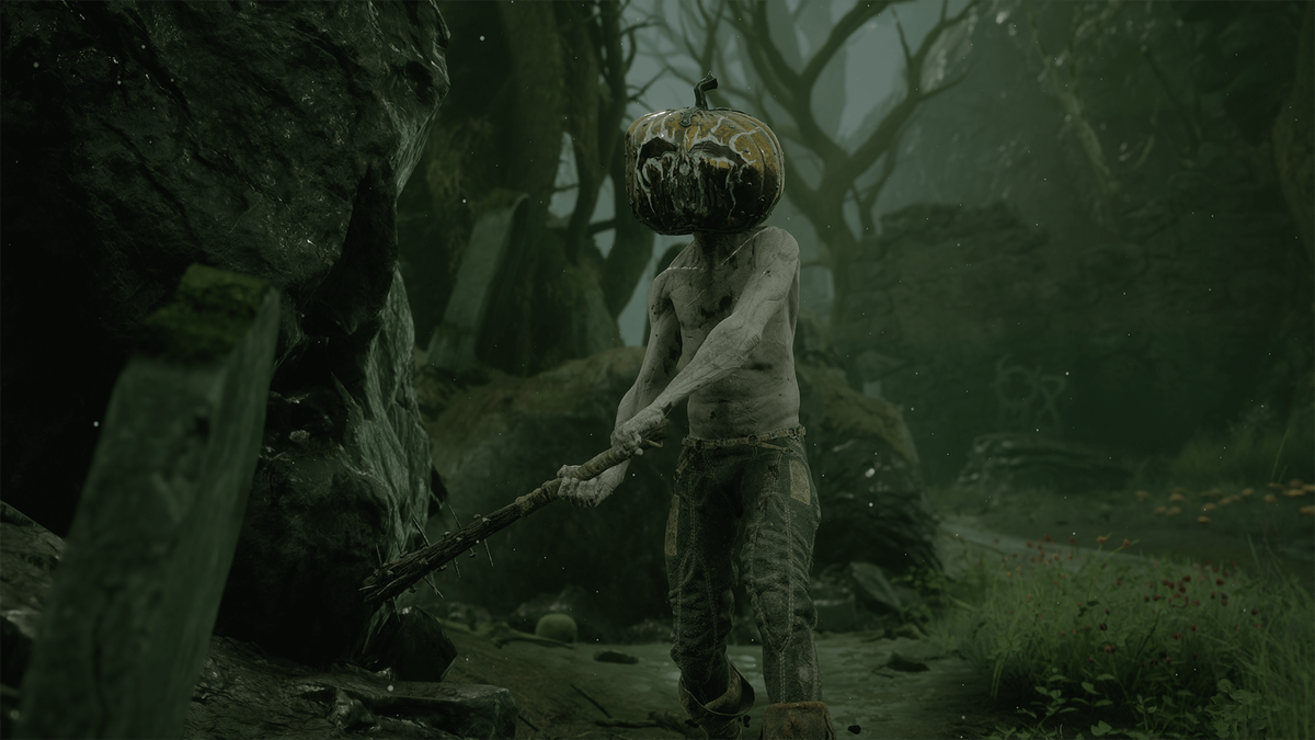 An image of a character from the game Mortal Shell, shirtless and wearing a pumpkin on their head.