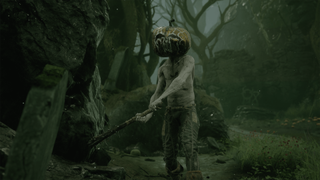 An image of a character from the game Mortal Shell, shirtless and wearing a pumpkin on their head.