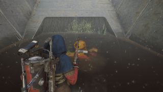 Arc Raiders Source of the Contamination: A player looking at a yellow barrel leaking pollutants into water in the flood spill intake.