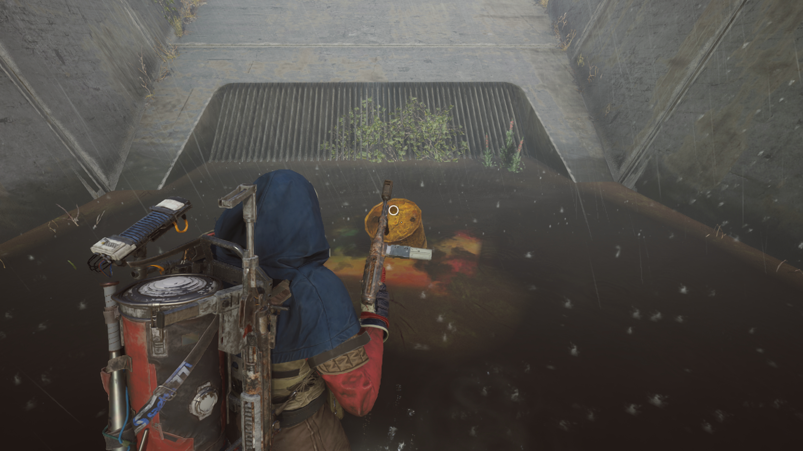 Arc Raiders Source of the Contamination: A player looking at a yellow barrel leaking pollutants into water in the flood spill intake.