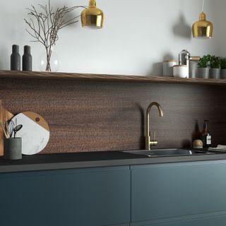 dark splashback with kitchen shelf above in modern kitchen