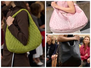 shoulder bags on the spring 2025 runways of Miu Miu, Ganni, Gabriela Hearst