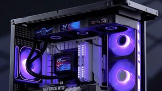 A promotional image for the Jonsbo TF3-360SCB AIO liquid CPU cooler, focusing on its key selling point: four LCD screens.