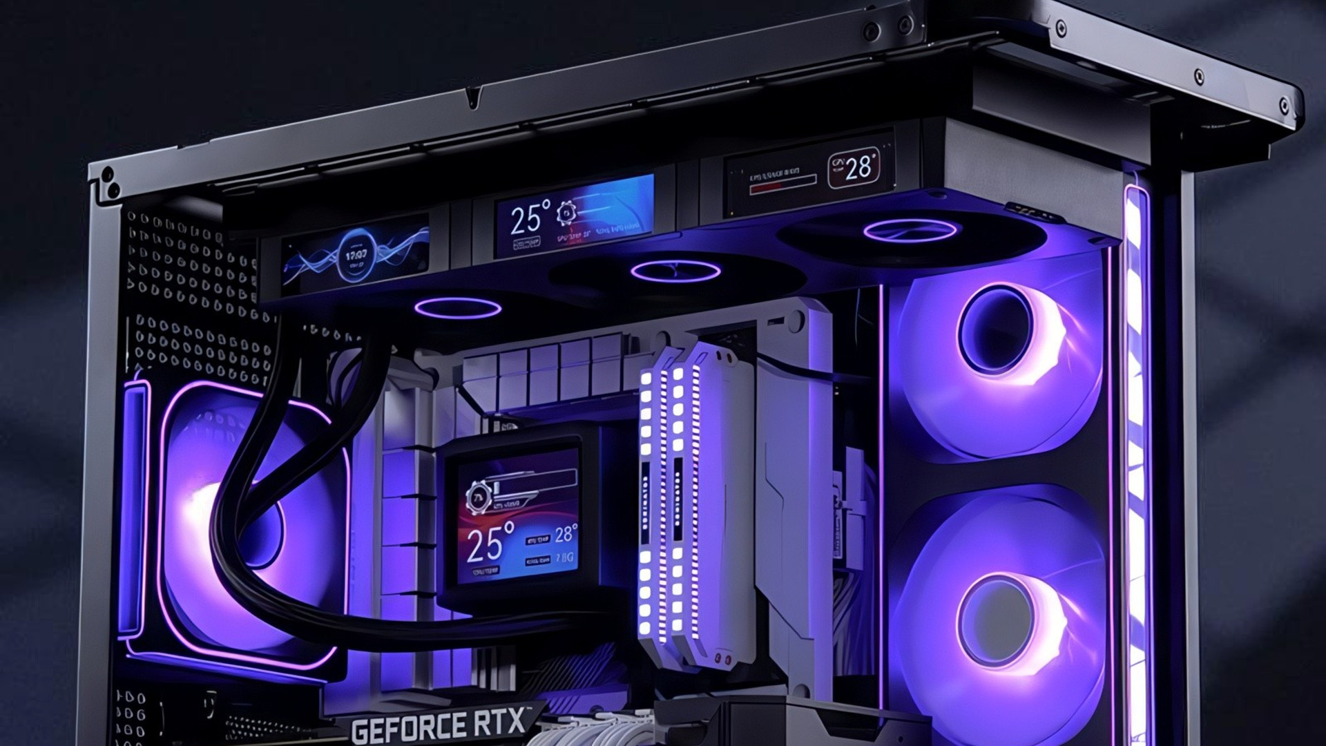 A promotional image for the Jonsbo TF3-360SCB AIO liquid CPU cooler, focusing on its key selling point: four LCD screens.