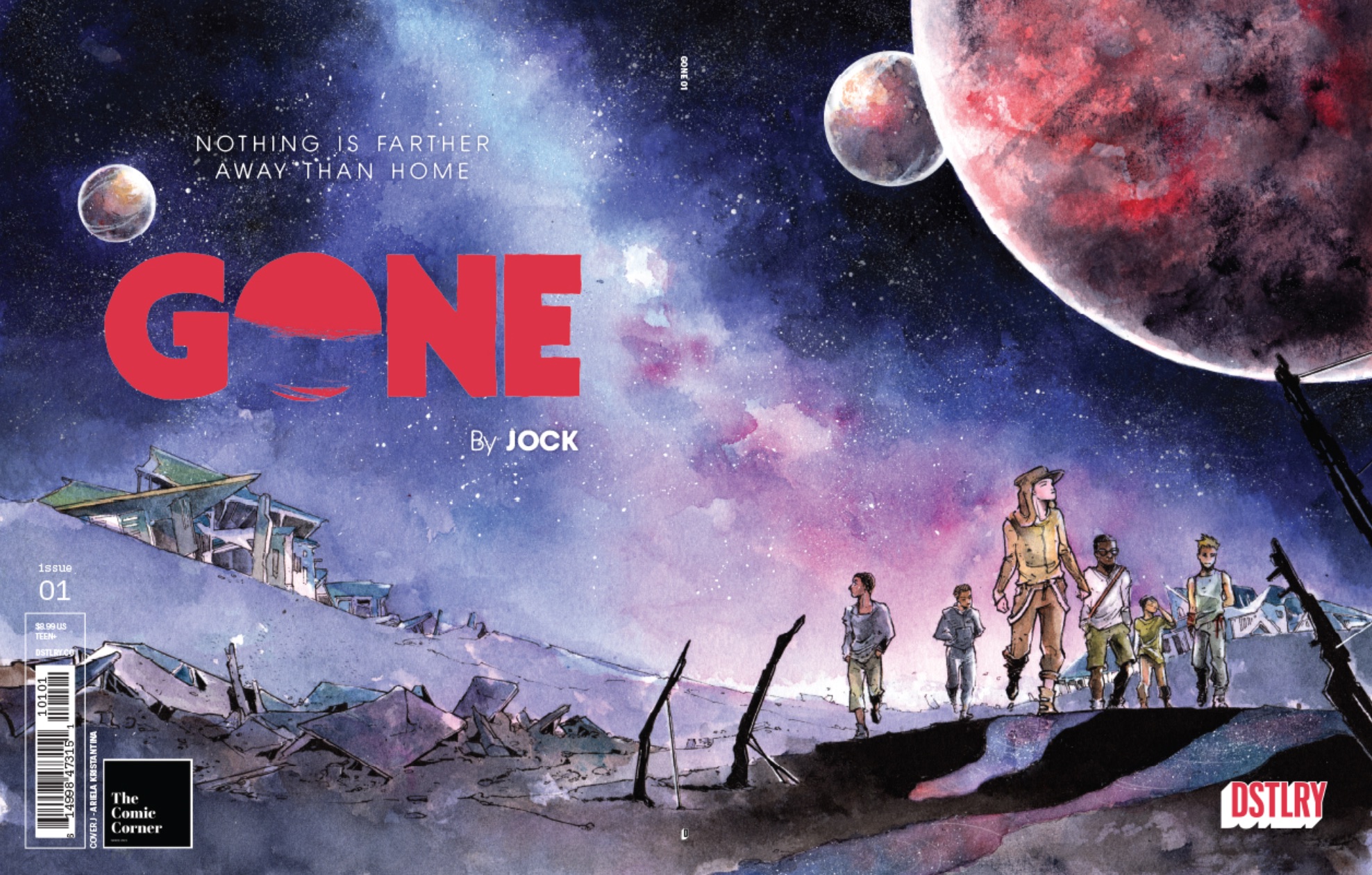 six young people explore ruins on an alien planet under a starry sky beneath a red title reading 