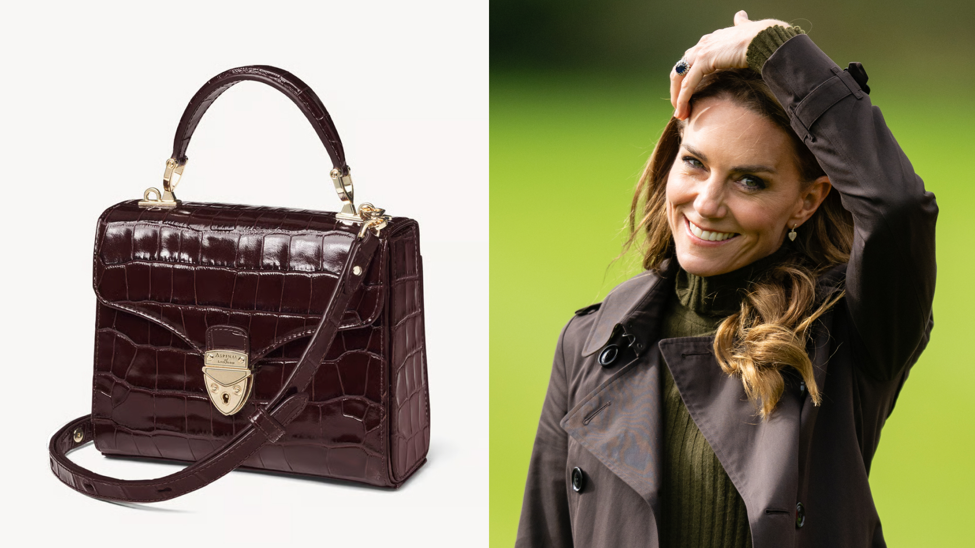 A split image of a brown croc Aspinal Midi Mayfair bag and Princess Kate in a brown coat