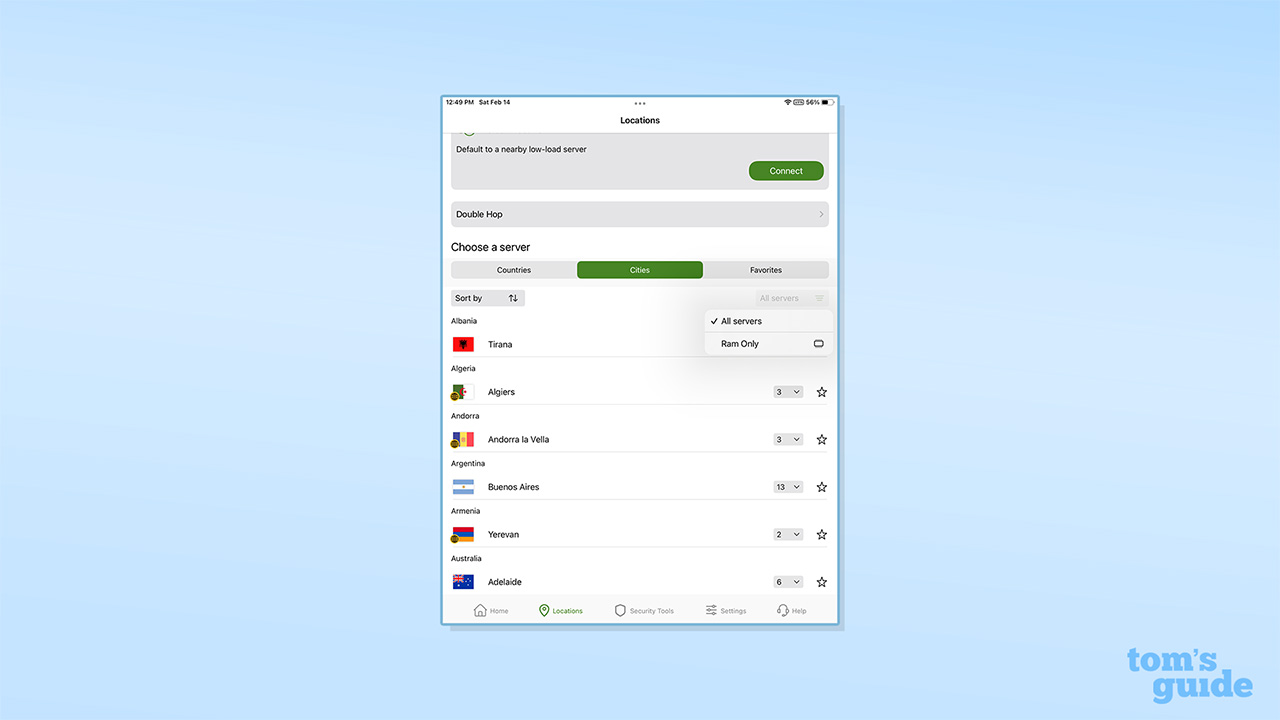 IPVanish's server list and settings on iOS