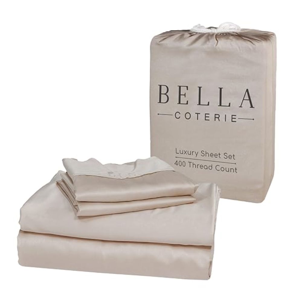 Bella Coterie taupe bed sheets with a cotton bag