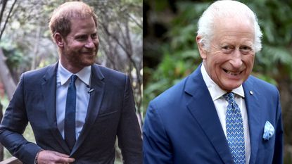 King Charles smiling wearing a blue suit and tie and a photo of Prince Harry also wearing a blue suit and tie and smiling on the left 