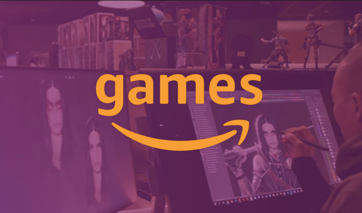 The word &quot;games&quot; above Amazon&#039;s trademark smile, set onto a purple screenshot of a game developer at work