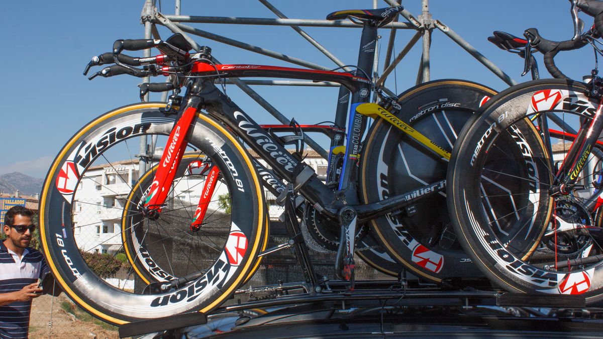 Team Colombia-Coldeportes' Wilier is certainly eye-catching. Interestingly, this spare bike with Miguel Angel Rubiano's name on it is not the company's TT bike, it's actually a Cento1AIR that's had its bars swapped (Matthew Allen / Immediate Media)