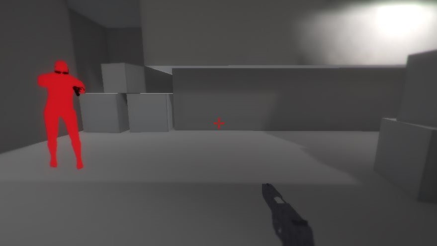 A red man wields a gun in a gray corridor